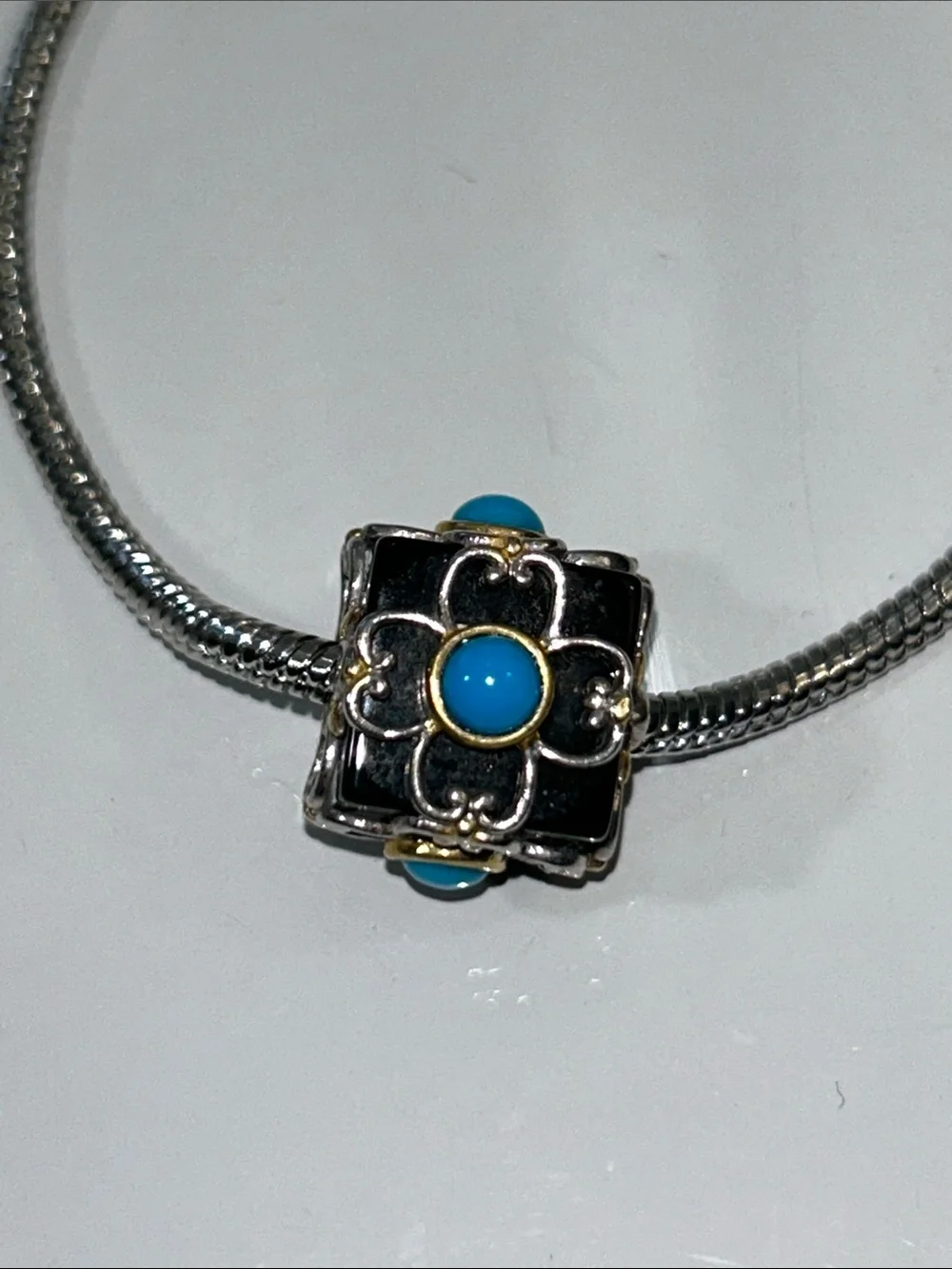 NWOT Gems En Vogue Genuine Turquoise Black Onyx Cube Euro Pandora Style Charm